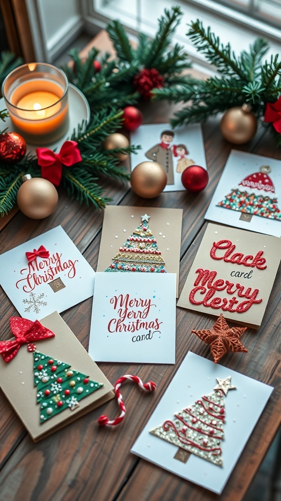 A variety of handmade Christmas cards with festive designs on a wooden table, surrounded by holiday decorations.